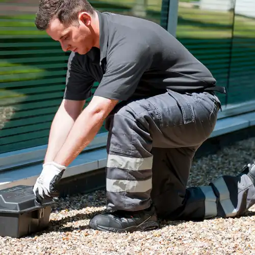 Pest control technician placing a pest trap outside the perimeter of a home - Keep pests away from your home with Eastern Pest Control in NJ